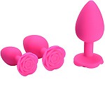 Фото 2: Розовая силиконовая анальная пробка с ограничителем в форме розочки (Размер S)