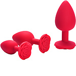 Фото 2: Красная силиконовая анальная пробка с ограничителем в форме розочки (Размер M)